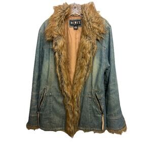 Vintage Y2K MixIt Denim Faux Fur Trim Penny Lane Coat Jacket L Bratz Fairy Boho